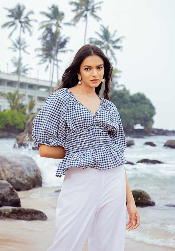 JULIA BLUE & WHITE PUFF SLEEVE BLOUSE